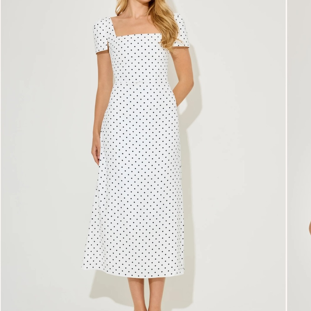 Polka Dot Square Neck Midi Dress in White and Black